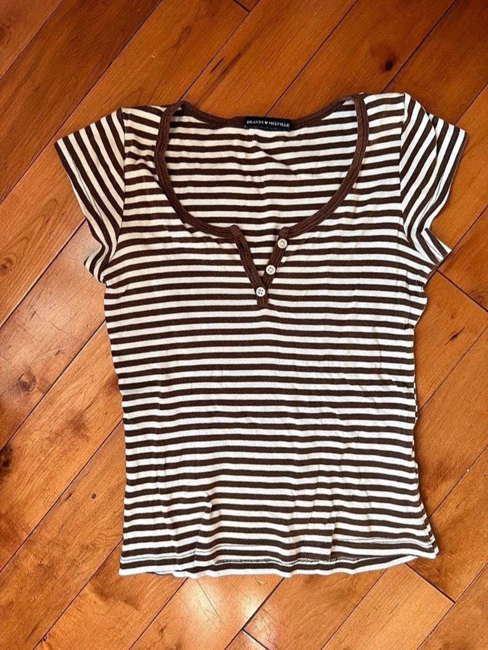 Brandy Melville Brown & White Striped Short Sleeve Top